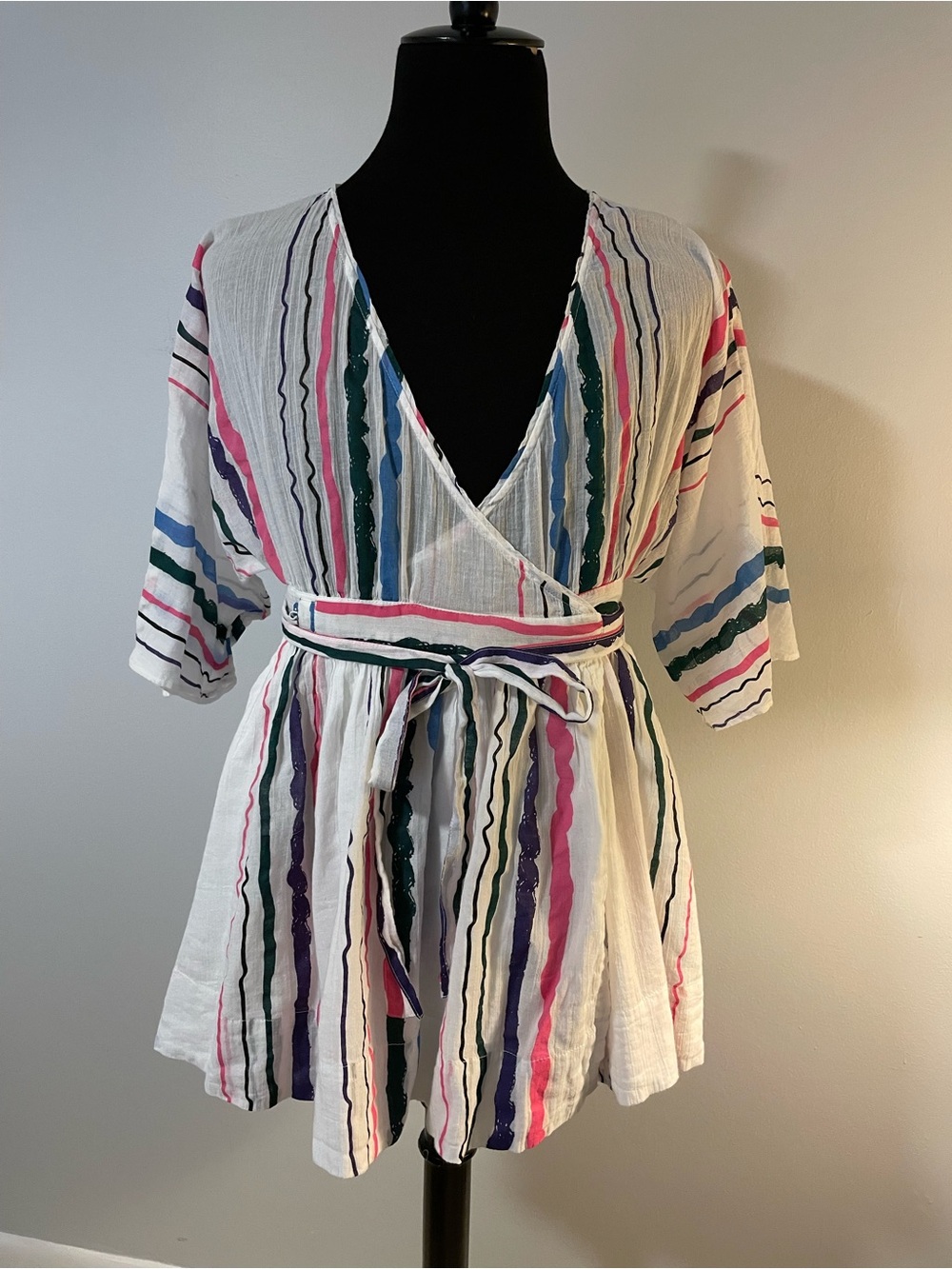 Palm Beach Chic Striped White Wrap Mini Dress with belt. Congilio Palm Beach